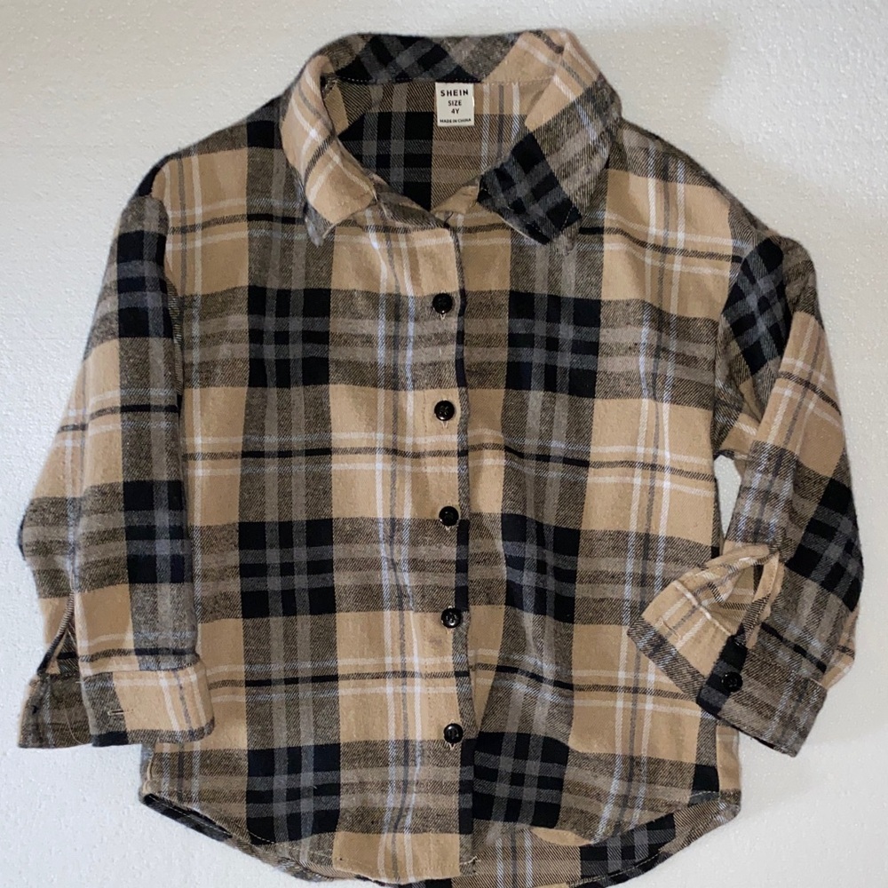 SHEIN • Black and Tan • Plaid • Button Down Shirt